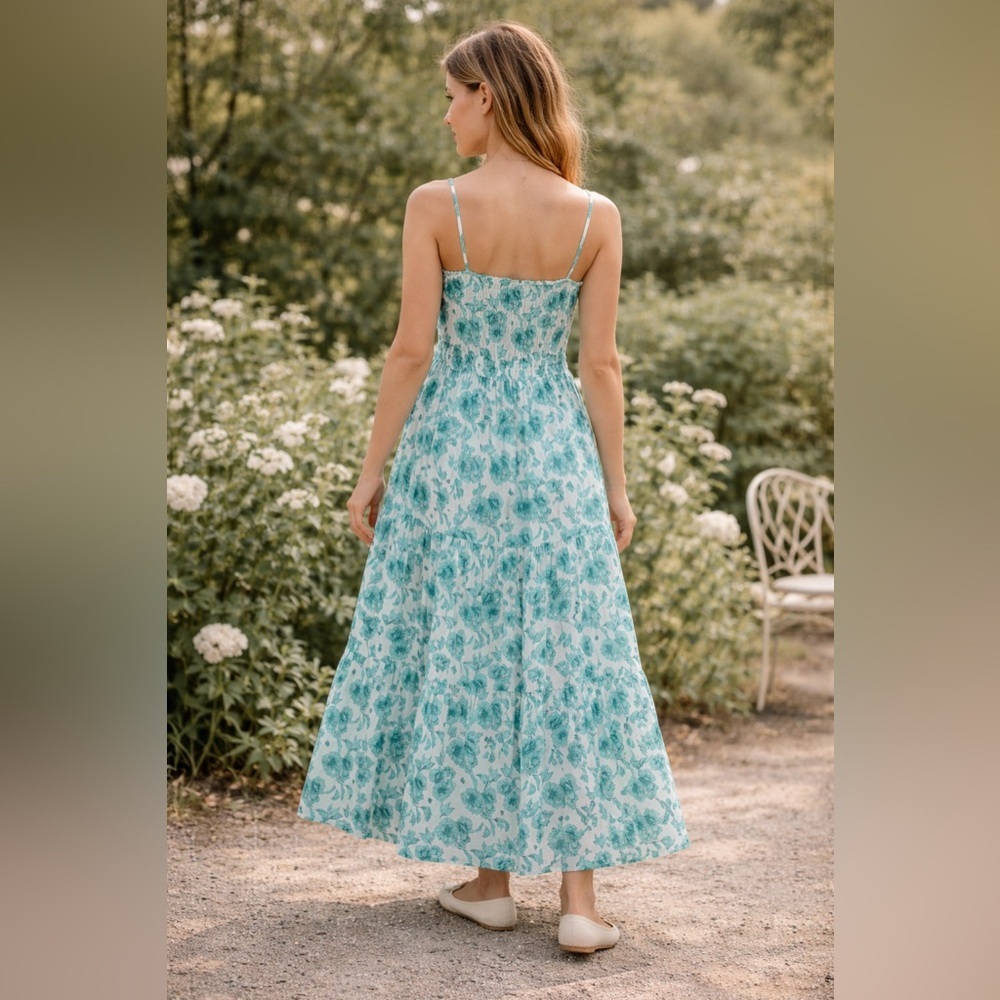 CELINA MOON Teal Floral Smocked Bodice Tiered Maxi Dress - Picture 3 of 11
